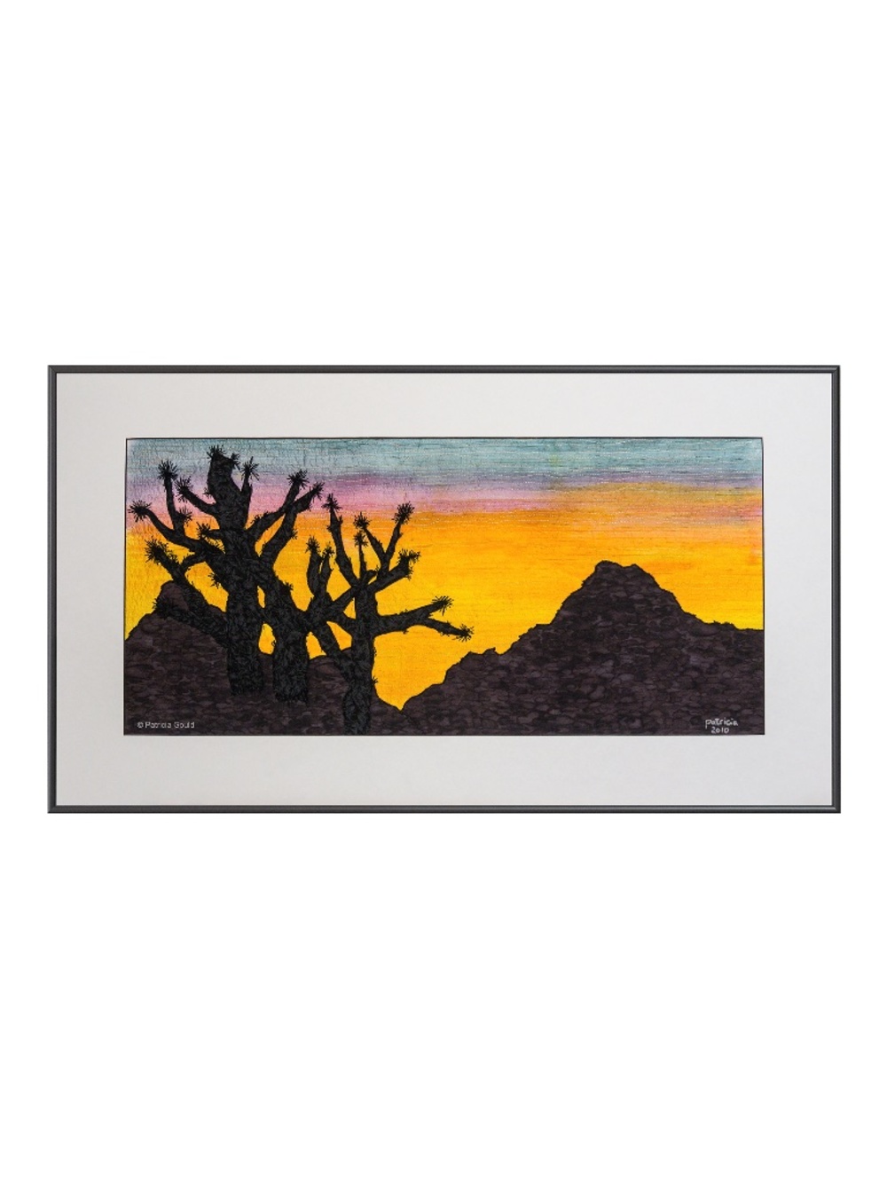 Joshua Tree Sunset - framed -  painted and stitched textile landscape